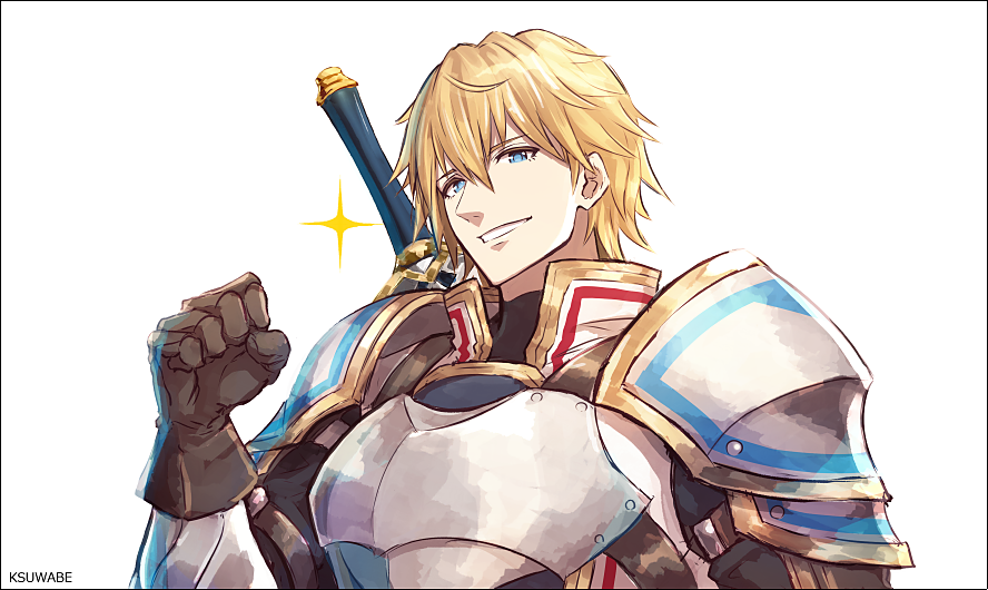 1boy armor artist_name bangs black_border blonde_hair blue_eyes border brown_gloves clenched_hand commentary ex_albio gloves grin hair_between_eyes hand_up kei-suwabe looking_at_viewer nijisanji shoulder_armor smile solo sparkle sword sword_hilt upper_body virtual_youtuber weapon white_background