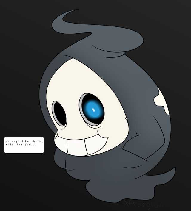 afterglow_ampharos alternate_species ambiguous_gender animated_skeleton black_background bone crossover duskull english_text game_(disambiguation) glowing glowing_eyes gradient_background grey_background hybrid meme nintendo not_furry pok&eacute;mon pok&eacute;mon_(species) sans_(undertale) simple_background skeleton skull solo speech_bubble text undead undertale video_games