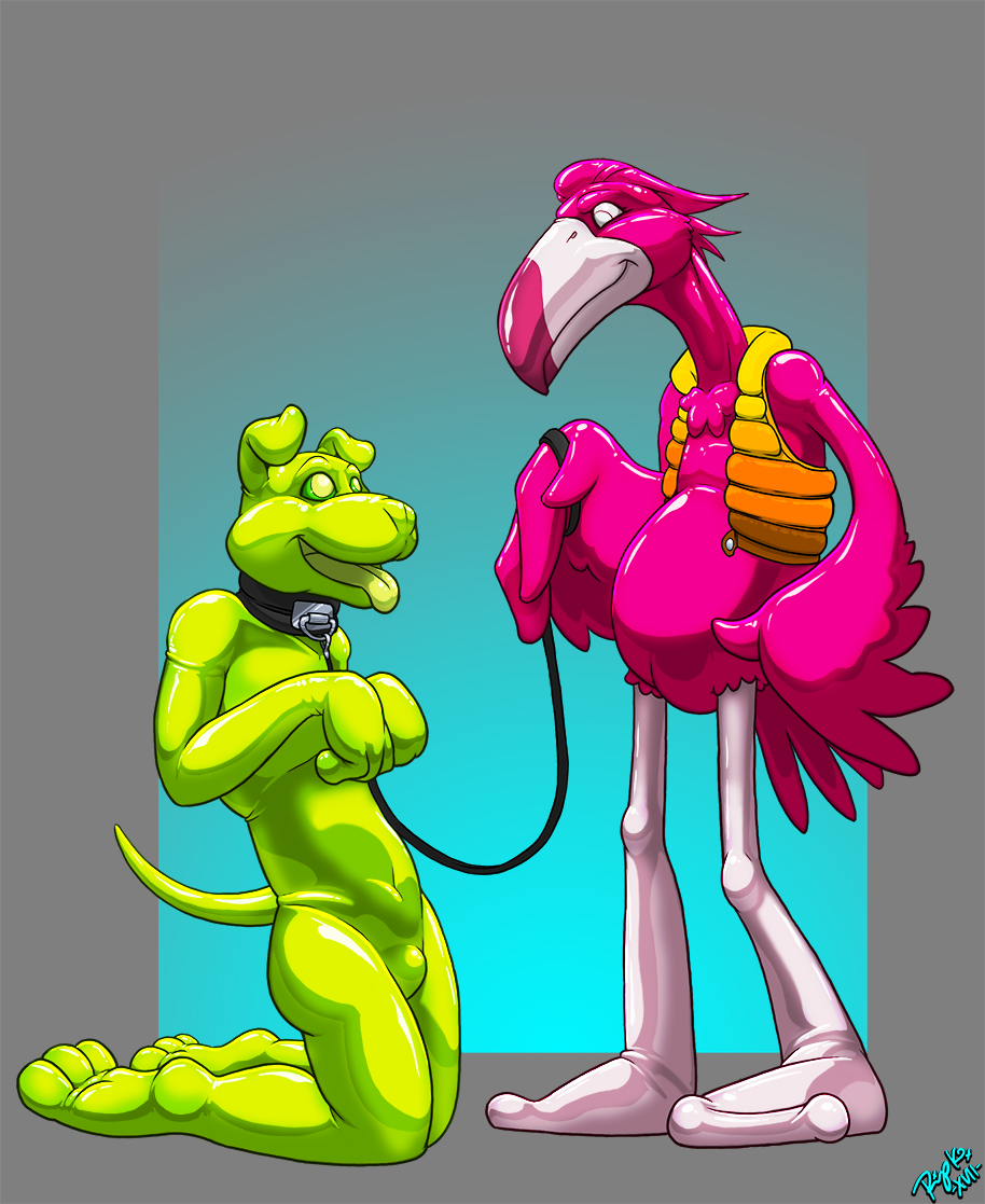 2017 3_toes animate_inanimate anthro avian beak begging bird canid canine canis clothing collar digital_drawing_(artwork) digital_media_(artwork) domestic_dog duo flamingo green_eyes green_tongue inflatable kneeling leash living_inflatable male mammal petplay puppyplay rip_k roleplay rubber simple_background smile taft toes tongue tongue_out vest