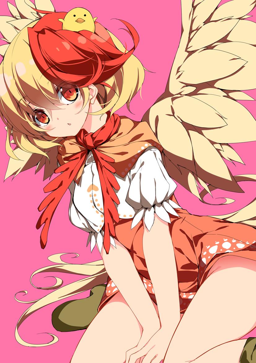 1girl bangs bird blonde_hair blush boots chick chick_on_head commentary dress dutch_angle feathered_wings feet looking_at_viewer multicolored_hair niwatari_kutaka open_mouth orange_dress pink_background puffy_short_sleeves puffy_sleeves red_eyes red_hair red_scarf sakurame scarf shirt short_hair short_sleeves simple_background sitting solo thighs touhou two-tone_hair white_shirt wings