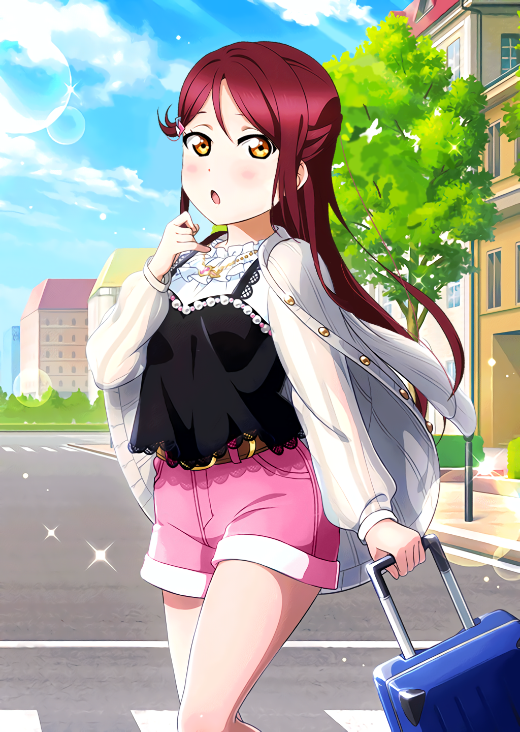 1girl belt belt_buckle black_shirt blue_sky buckle cloud day floating_hair hair_between_eyes hair_ornament hairclip highres holding ink_(pixiv25450915) lens_flare long_hair long_sleeves looking_at_viewer love_live! love_live!_sunshine!! outdoors pink_shorts red_hair sakurauchi_riko shirt short_shorts shorts sky sleeveless sleeveless_shirt solo sparkle very_long_hair white_shirt yellow_eyes