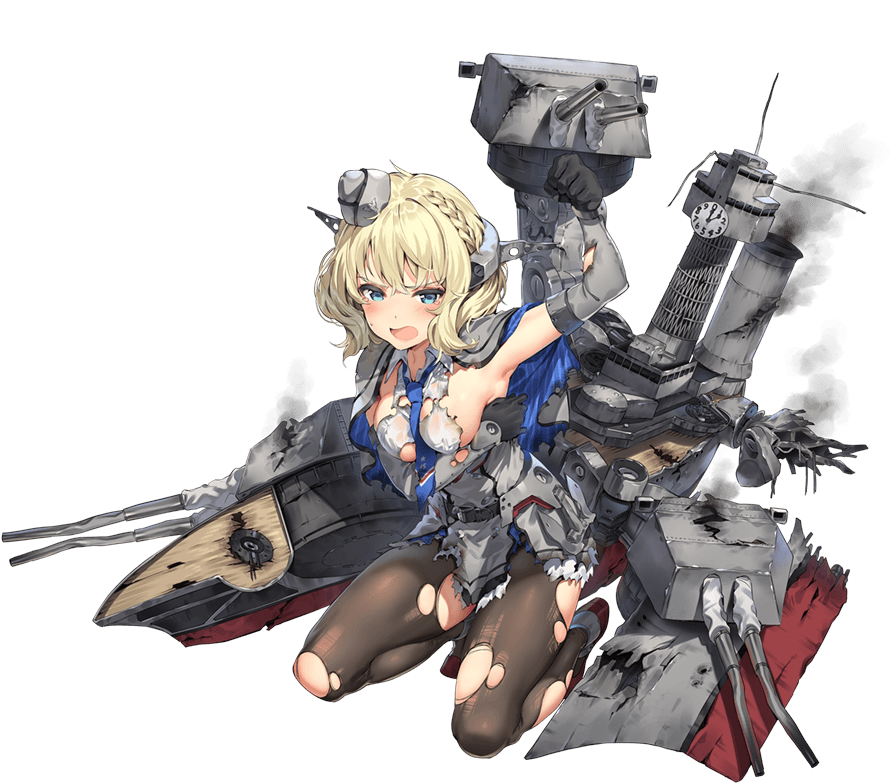1girl antiaircraft_weapon armpits banned_artist black_legwear blonde_hair blue_dress blue_eyes blush breasts cannon capelet clenched_hand colorado_(kantai_collection) dress hand_on_own_chest kantai_collection machinery necktie official_art pantyhose paseri short_hair sideboob smoke torn_clothes torn_legwear turret