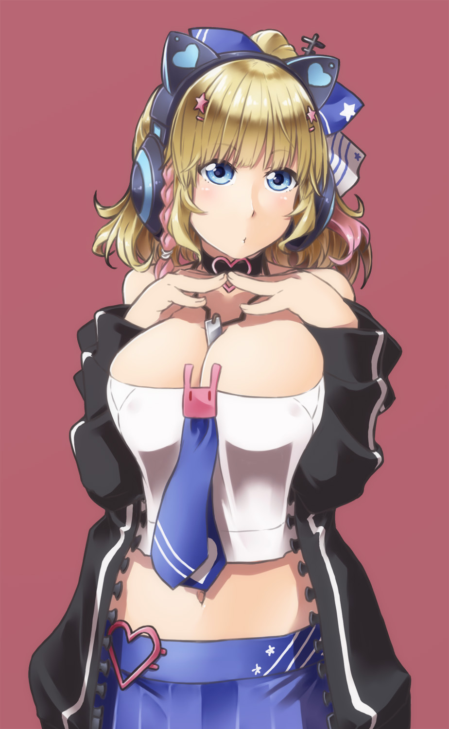 1girl alto-00 arms_up azur_lane between_breasts blonde_hair blue_eyes breasts cleavage dog_tags hair_ornament hair_ribbon hairclip headphones highres jacket large_breasts looking_at_viewer midriff navel red_background ribbon richmond_(azur_lane) short_hair simple_background solo