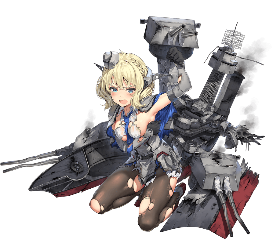 1girl antiaircraft_weapon armpits banned_artist black_legwear blonde_hair blue_dress blue_eyes blush breasts cannon capelet clenched_hand colorado_(kantai_collection) dress hat headgear kantai_collection machinery necktie official_art pantyhose paseri short_hair sideboob smoke source_request torn_clothes torn_legwear turret
