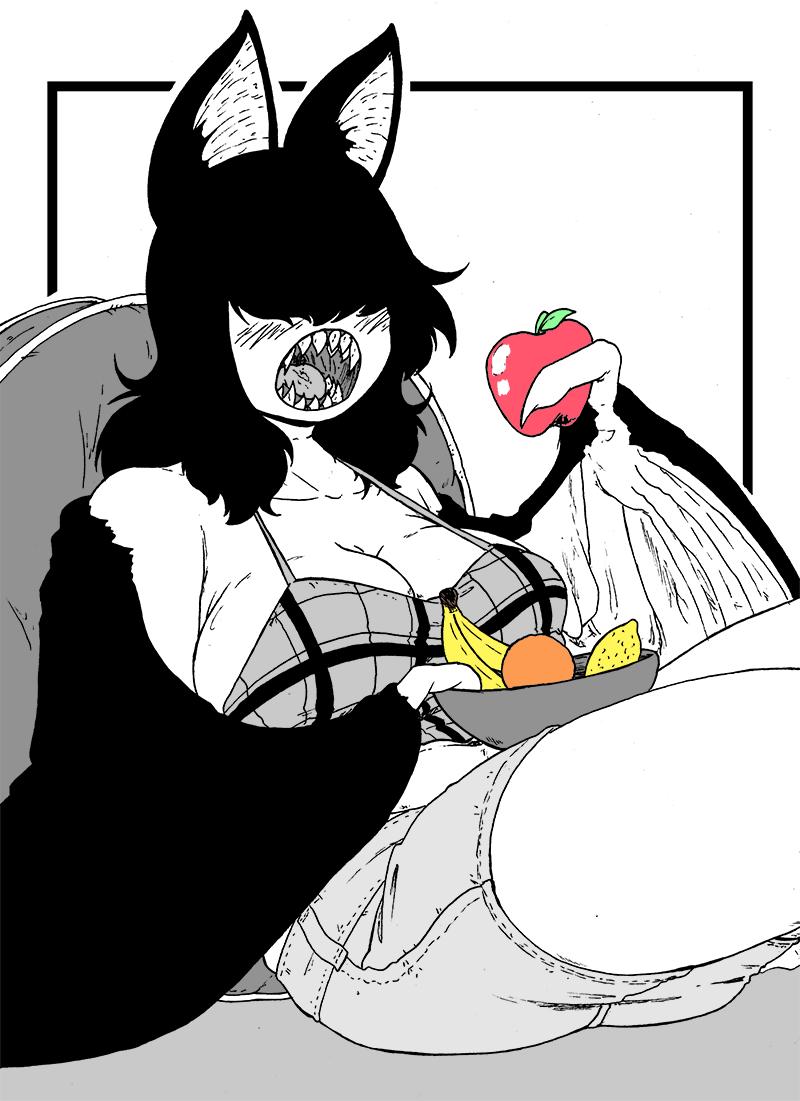 animal_humanoid apple banana bat_wings big_breasts booty_shorts bowl breasts butt chiropteran digital_drawing_(artwork) digital_media_(artwork) food fruit hair_over_eyes holding_food holding_object humanoid lemon lylei mammal membranous_wings open_mouth plant reclining sharp_teeth simple_background teeth thick_thighs white_background william_windham wings
