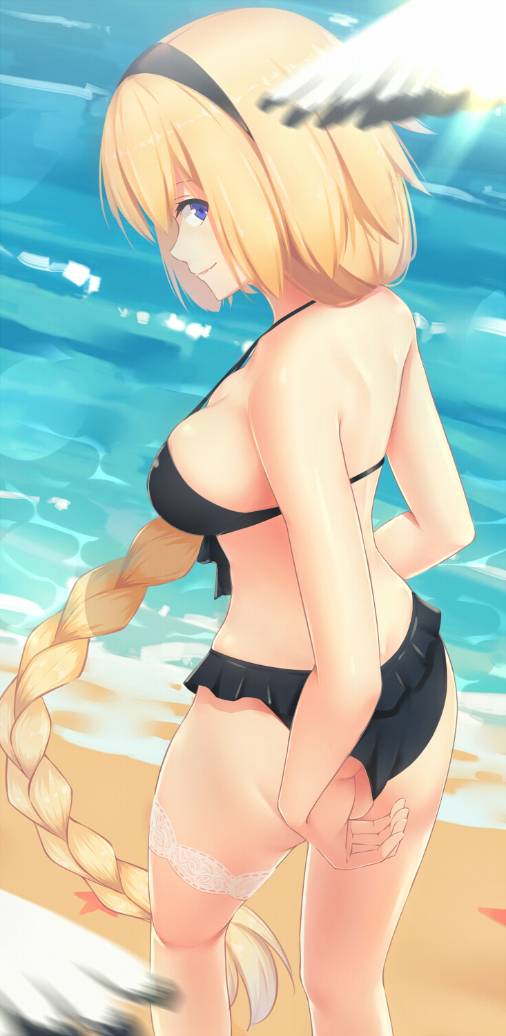 1girl adjusting_clothes adjusting_swimsuit beach bikini bird black_bikini black_hairband blonde_hair blue_eyes blurry braided_ponytail breasts cleavage day fate/grand_order fate_(series) frilled_bikini_bottom hairband halterneck highres jeanne_d'arc_(fate)_(all) jeanne_d'arc_(swimsuit_archer) long_hair looking_at_viewer looking_back medium_breasts nestea outdoors ponytail sideboob solo standing sunlight swimsuit thigh_strap very_long_hair