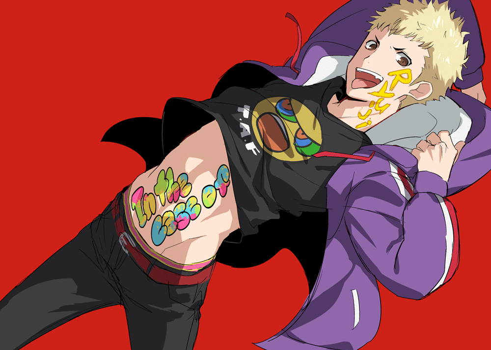 1boy adonis_belt black_shirt blonde_hair body_writing brown_eyes jacket looking_at_viewer male_focus midriff open_clothes open_jacket parody persona persona_5 persona_5_the_animation red_background sakamoto_ryuuji shirt simple_background solo t-shirt tongue tongue_out yoshizaki_(yszk)