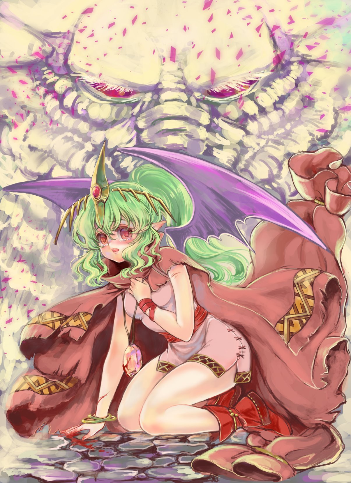 1girl blood bracelet chiki cloak dress fire_emblem fire_emblem:_monshou_no_nazo fire_emblem_heroes green_hair highres jewelry kaosuside long_hair mamkute open_mouth pointy_ears ponytail red_eyes short_dress solo stone tearing_up tiara wings