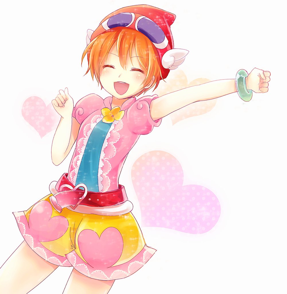 1girl :d arm_up bangs beanie belt bracelet clenched_hands closed_eyes commentary_request cowboy_shot dutch_angle facing_viewer hat heart heart_print hoshizora_rin idol jewelry kosame_koori love_live! love_live!_school_idol_project open_mouth orange_hair pink_shirt pink_shorts polka_dot print_shorts puffy_short_sleeves puffy_sleeves raised_fist red_belt red_headwear shirt short_hair short_shorts short_sleeves shorts smile solo sparkle standing