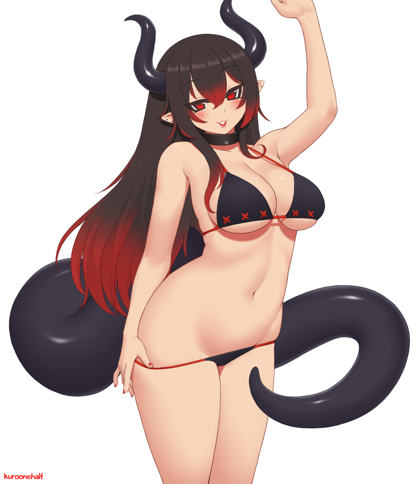 1girl arm_up bangs bare_arms bare_shoulders bikini bikini_pull black_bikini black_hair breasts cleavage collar commission cowboy_shot demon_girl demon_tail earrings eyebrows_visible_through_hair gradient_hair hair_between_eyes jewelry kuroonehalf long_hair looking_at_viewer multicolored_hair nail_polish navel original parted_lips pointy_ears pulled_by_self red_eyes red_hair red_lips red_nails simple_background smile solo stomach straight_hair swimsuit tail thighs underboob waving white_background