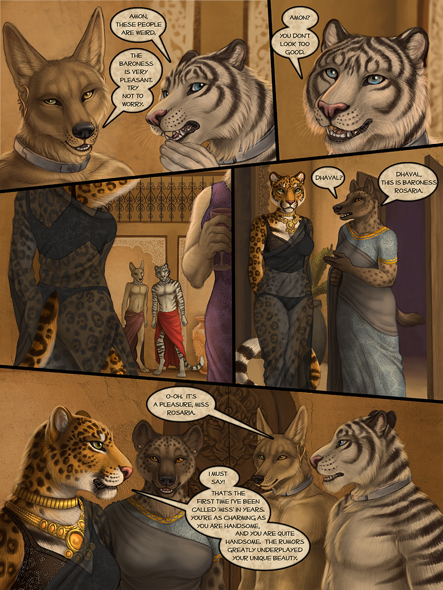 2019 5_fingers alcohol amber_eyes amon anthro beverage black_nose black_spots black_stripes blue_eyes bra breasts brown_fur canid canine canis clothed clothing collar comic detailed_background dhaval_(character) dialogue digital_media_(artwork) dress drinking_glass ear_piercing ear_ring english_text felid female fur golden_jackal green_eyes group heterochromia hyaenid inside ishaway jackal jewelry leopard male mammal metal_collar myenia necklace open_mouth orange_eyes orange_fur pantherine piercing pink_nose red_lantern rukis smile speech_bubble spots stripes tan_fur teeth text underwear white_fur