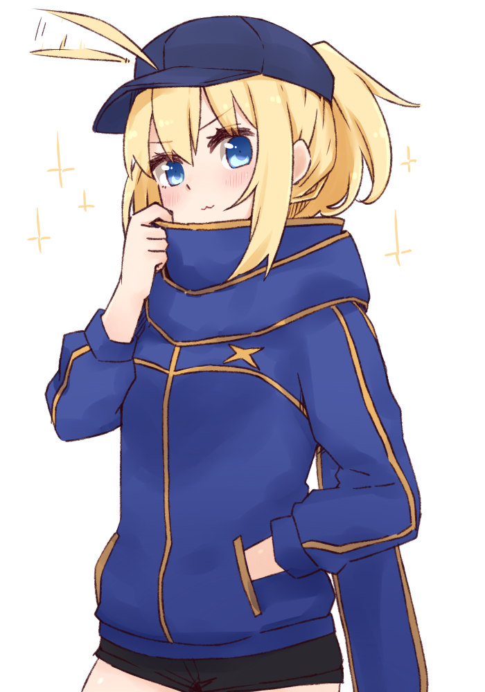 1girl :3 afterimage ahoge ahoge_wag artoria_pendragon_(all) bangs baseball_cap black_shorts blonde_hair blue_eyes blue_headwear blue_jacket blue_scarf blush closed_mouth expressive_hair eyebrows_visible_through_hair hair_between_eyes hair_through_headwear hand_in_pocket hand_up hat i.u.y jacket long_hair mysterious_heroine_x ponytail rojiura_satsuki:_chapter_heroine_sanctuary scarf short_shorts shorts simple_background solo sparkle track_jacket white_background