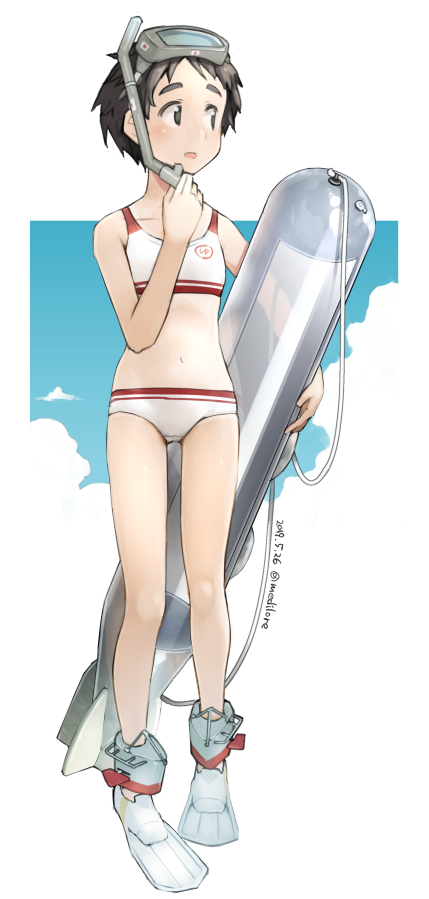 1girl adapted_costume bangs bikini black_hair blue_sky boots brown_eyes cloud collarbone dated diving_mask_on_head fins kantai_collection looking_to_the_side maru-yu_(kantai_collection) navel parted_bangs sakura_(medilore) school_swimsuit short_hair sky solo sports_bikini standing swimsuit thick_eyebrows torpedo twitter_username white_background white_bikini white_school_swimsuit white_swimsuit