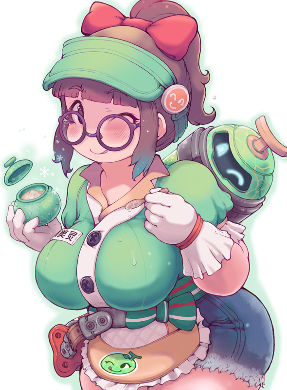 1girl ;p alternate_costume apron bangs blunt_bangs blush bow breasts brown_eyes brown_hair commentary_request gloves hair_bow hat honeydew_mei ibukichi large_breasts mei_(overwatch) one_eye_closed overwatch ponytail robot shorts snowball_(overwatch) solo tongue tongue_out