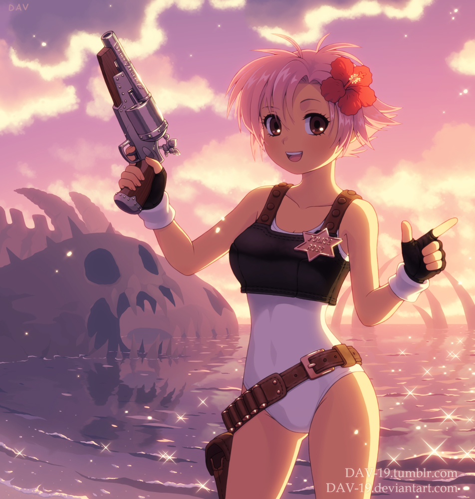 1girl artist_name black_gloves blush breasts brown_eyes character_request copyright_request dav-19 deviantart_username eyebrows_visible_through_hair fingerless_gloves flower gloves gun hair_flower hair_ornament holding holding_gun holding_weapon looking_at_viewer medium_breasts open_mouth outdoors pink_hair short_hair smile solo sunset tumblr_username watermark weapon web_address