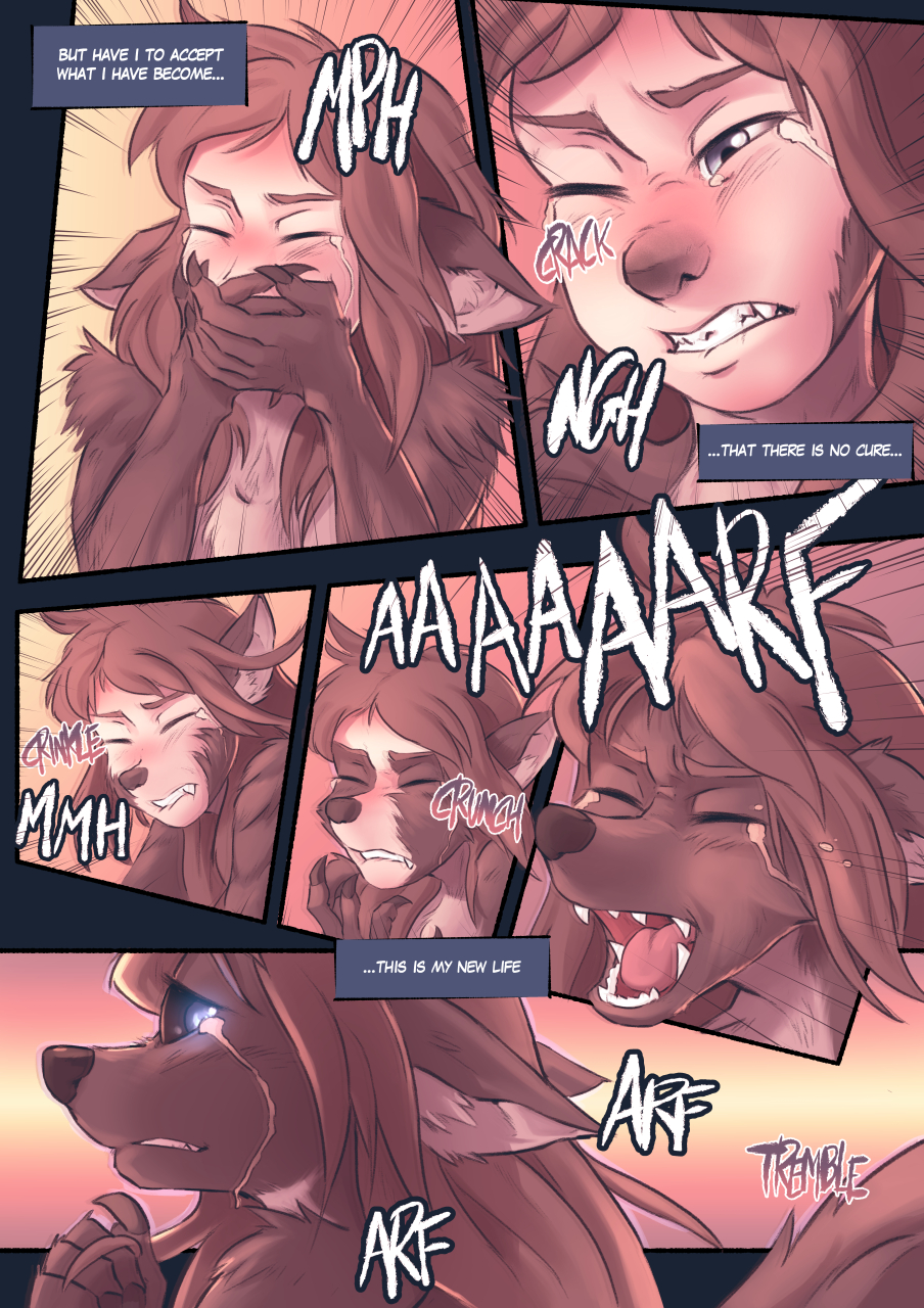 blue_eyes brown_fur canid canine claws comic crying eyes_closed fangs fur fur_growth furzota glowing glowing_eyes hair hi_res holding_(disambiguation) human long_ears long_hair mammal muzzle_growth screaming tears text transformation were werecanid werecanine werewolf