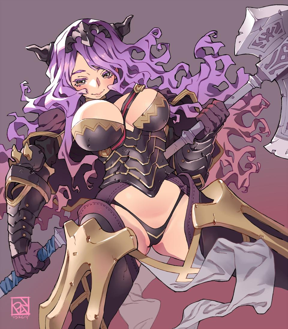 1girl armor ass axe black_armor black_panties breasts camilla_(fire_emblem_if) cleavage fire_emblem fire_emblem_if groin hair_over_one_eye large_breasts lips long_hair mamkute panties poch4n purple_eyes purple_hair simple_background thighs tiara underwear very_long_hair wavy_hair