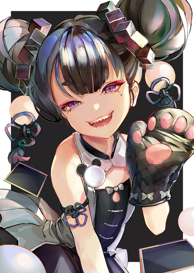 1girl bangs bare_shoulders black_hair cleavage_cutout double_bun flat_chest gloves hand_up looking_at_viewer mittens mole mole_under_eye open_mouth original paw_gloves paws purple_eyes sharp_teeth smile solo teeth tocope upper_body