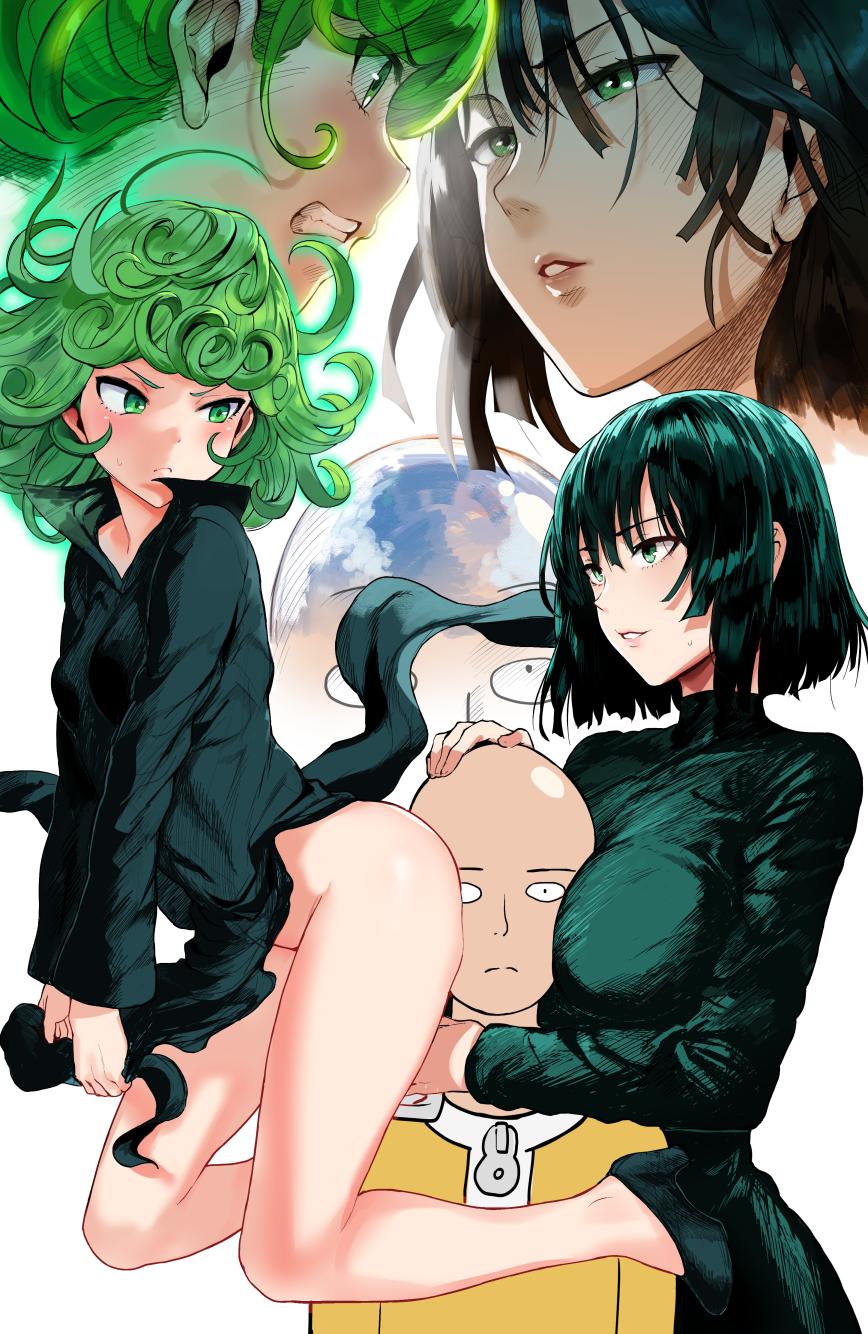 1girl 2girls angry ass bald bare_legs between_breasts between_buttocks bottomless breasts clenched_teeth commentary_request curly_hair dress esper expressionless floating fubuki_(one-punch_man) full_body girl_sandwich green_dress green_eyes green_hair hand_on_another's_head hews_hack high_heels highres large_breasts legs looking_at_another looking_at_viewer looking_back medium_hair multiple_girls one-punch_man saitama_(one-punch_man) sandwiched short_hair small_breasts tatsumaki teeth telekinesis thighs