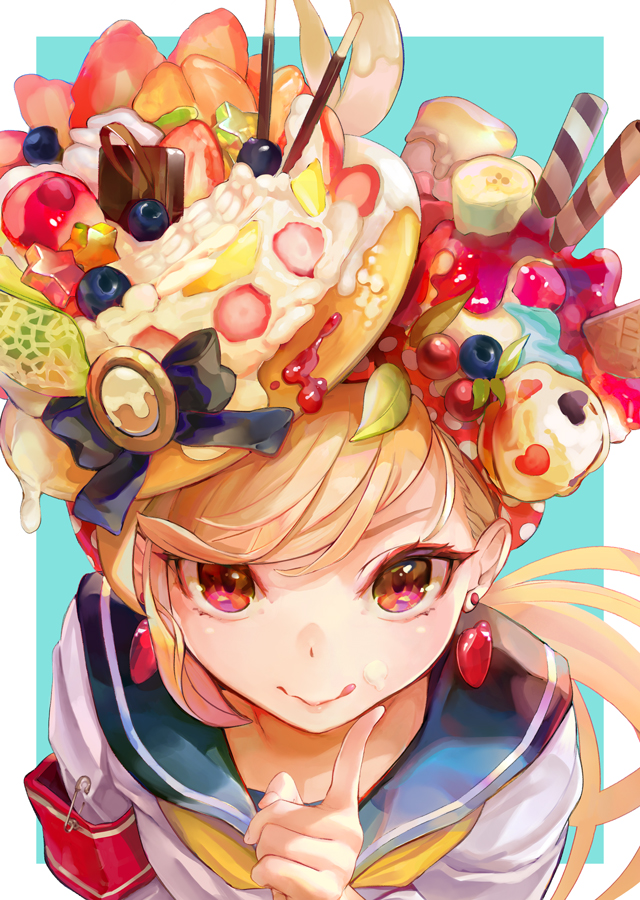 1girl banana bangs blonde_hair blue_sailor_collar commentary_request earrings food food_on_face food_on_head fruit ice_cream index_finger_raised jewelry licking_lips long_hair looking_at_viewer neckerchief object_on_head original pocky red_earrings red_eyes safety_pin sailor_collar smile solo strawberry swept_bangs tocope tongue tongue_out upper_body yellow_neckwear