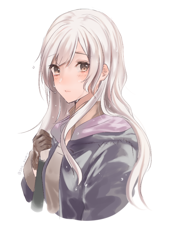 1girl blush book brown_eyes brown_gloves cloak female_my_unit_(fire_emblem:_kakusei) fire_emblem fire_emblem:_kakusei gloves hood hooded_cloak lips long_hair long_sleeves looking_at_viewer my_unit_(fire_emblem:_kakusei) niko_(aiai03012) silver_hair simple_background solo upper_body wet wet_hair white_background