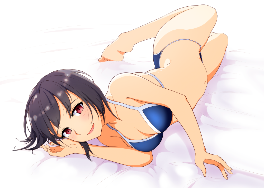 1girl arched_back bare_legs barefoot bikini black_hair blue_bikini blush breasts cleavage full_body hi_iro looking_at_viewer lying medium_breasts navel on_side original pink_eyes short_hair smile solo swimsuit