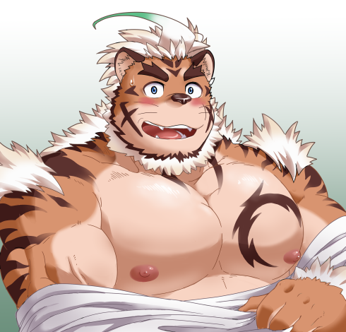 blush clothing felid gammachaos hombretigre low_res male mammal muscular muscular_male nipples pantherine pecs tiger tokyo_afterschool_summoners undressing video_games