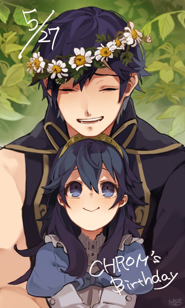 1boy 1girl birthday blue_eyes blue_hair closed_eyes coat collar dated doku_gin1126 dress english_text father_and_daughter fire_emblem fire_emblem:_kakusei flower_wreath frilled_collar frills hair_between_eyes head_wreath krom leaf long_hair looking_at_another lucina open_mouth plant puffy_sleeves shirt short_hair signature single_sleeve sitting sitting_on_lap sitting_on_person smile symbol-shaped_pupils tiara upper_body