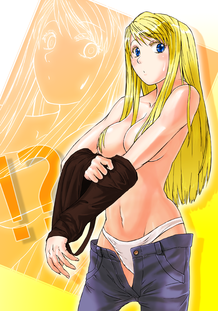 blonde_hair blue_eyes blush breasts camisole cleavage convenient_censoring denim fullmetal_alchemist hair_censor hair_over_breasts jeans large_breasts lithiumia long_hair navel no_bra panties pants pants_pull shirt_lift solo standing sweatdrop underwear undressing unzipped white_panties winry_rockbell zoom_layer