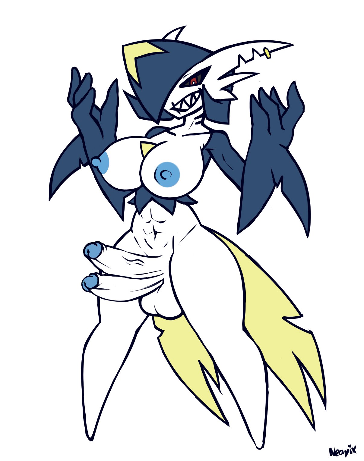 anthro balls big_breasts black_sclera breasts dickgirl digital_media_(artwork) erection fin gardevoir gills hi_res humanoid_penis hybrid intersex multi_penis muscular muscular_dickgirl muscular_intersex navel neayix nintendo nipples penis piercing pok&eacute;mon pok&eacute;mon_(species) red_eyes scar sharp_teeth sharpedo simple_background smile solo standing teeth video_games white_background white_skin