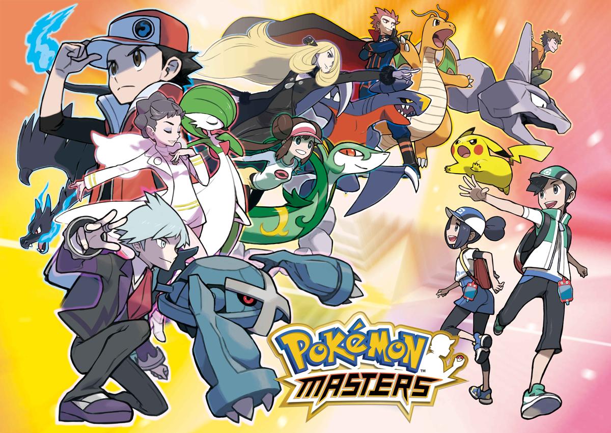 baseball_cap black_hair black_pants blonde_hair blue_eyes blue_hair brown_eyes brown_hair cape carnet_(pokemon) double_bun dragonite female_trainer_(pokemon_masters) garchomp gardevoir hair_over_one_eye hand_on_headwear hat jacket long_hair male_trainer_(pokemon_masters) mega_charizard_x mei_(pokemon) metagross official_art onix outstretched_hand pants pikachu pokemon pokemon_(game) pokemon_masters red_(pokemon) red_hair red_jacket red_neckwear rotom rotom_dex shirona_(pokemon) shirt takeshi_(pokemon) tsuwabuki_daigo twintails wataru_(pokemon) white_shirt