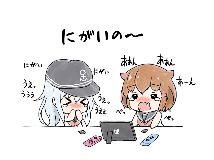 &gt;_&lt; 2girls anchor_symbol blush brown_hair controller dress fang flat_cap game_console game_controller hair_ornament hairclip hand_to_own_mouth hat hibiki_(kantai_collection) ikazuchi_(kantai_collection) joy-con kantai_collection kotanu_(kotanukiya) multiple_girls nintendo_switch sailor_dress silver_hair tears translation_request wavy_mouth younger