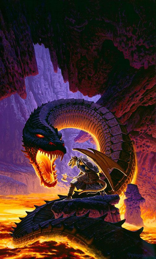 ambiguous_gender anthro armor axe black_scales book_cover bozak cave detailed_background draconian dragon dragonlance duo empty_eyes feral fight gold_scales horn kang keith_parkinson lava melee_weapon official_art scales scalie shield size_difference weapon wyrm