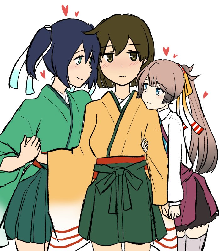 3girls aqua_neckwear bangs blue_eyes blue_hair blush brown_eyes brown_hair closed_mouth collared_shirt commentary dress eyebrows_visible_through_hair furisode green_eyes green_hakama green_kimono grey_legwear hair_between_eyes hair_ribbon hakama hakama_skirt heart hip_vent hiryuu_(kantai_collection) holding_hands iwana japanese_clothes jitome kantai_collection kazagumo_(kantai_collection) kimono light_brown_hair long_hair long_sleeves multiple_girls necktie orange_kimono orange_ribbon pleated_skirt ponytail purple_dress ribbon shirt short_hair simple_background skirt sleeveless sleeveless_dress smile souryuu_(kantai_collection) thighhighs twintails wavy_mouth white_background white_ribbon white_shirt wide_sleeves