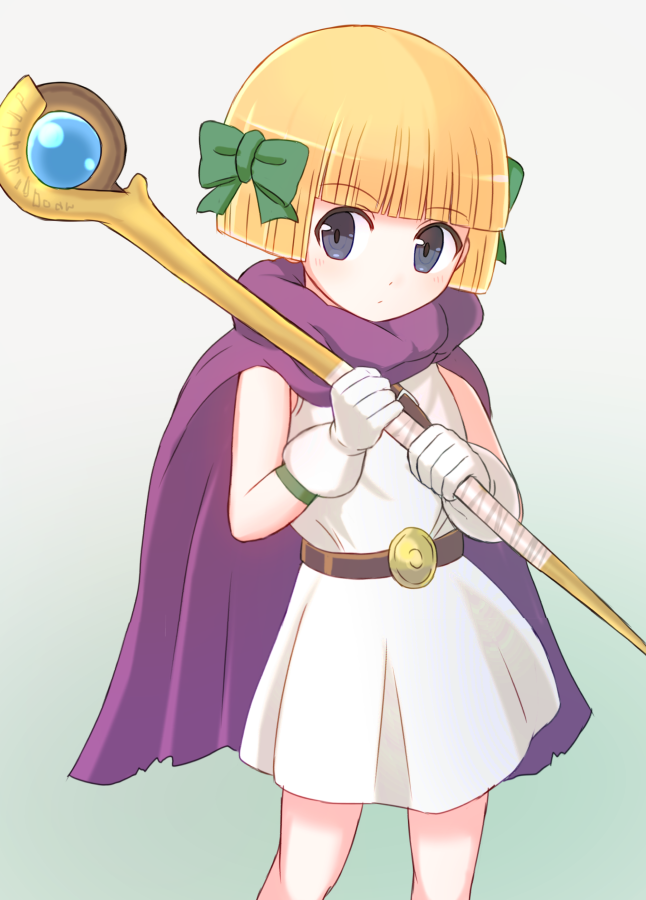 1girl bangs bianca's_daughter blonde_hair blunt_bangs bow cape dragon_quest dragon_quest_v dress eyebrows_visible_through_hair gloves gradient gradient_background green_bow grey_eyes hair_bow holding holding_staff legs_apart looking_at_viewer multiple_hair_bows purple_cape short_hair sleeveless sleeveless_dress solo staff suta_(clusta) white_dress white_gloves