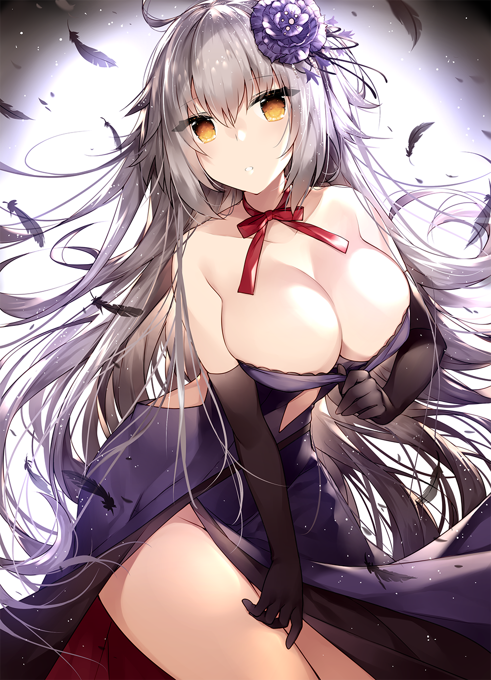 1girl backlighting bare_shoulders black_feathers black_gloves breasts brown_eyes cleavage collarbone dress elbow_gloves fate/grand_order fate_(series) feathers flower gloves grey_hair groin hair_flower hair_ornament highres jeanne_d'arc_(alter)_(fate) jeanne_d'arc_(fate)_(all) large_breasts leaning_forward long_hair looking_at_viewer parted_lips purple_dress purple_flower solo strapless strapless_dress touwa_nikuman very_long_hair