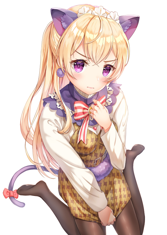 1girl animal_ear_fluff animal_ears bang_dream! bangs blonde_hair blush brown_dress brown_legwear cat_ears cat_girl cat_tail closed_mouth dress eyebrows_visible_through_hair hair_between_eyes hand_up kemonomimi_mode long_hair long_sleeves looking_at_viewer lunacle no_shoes pantyhose purple_eyes shirasagi_chisato shirt simple_background sitting sleeveless sleeveless_dress solo tail very_long_hair wariza white_background white_shirt