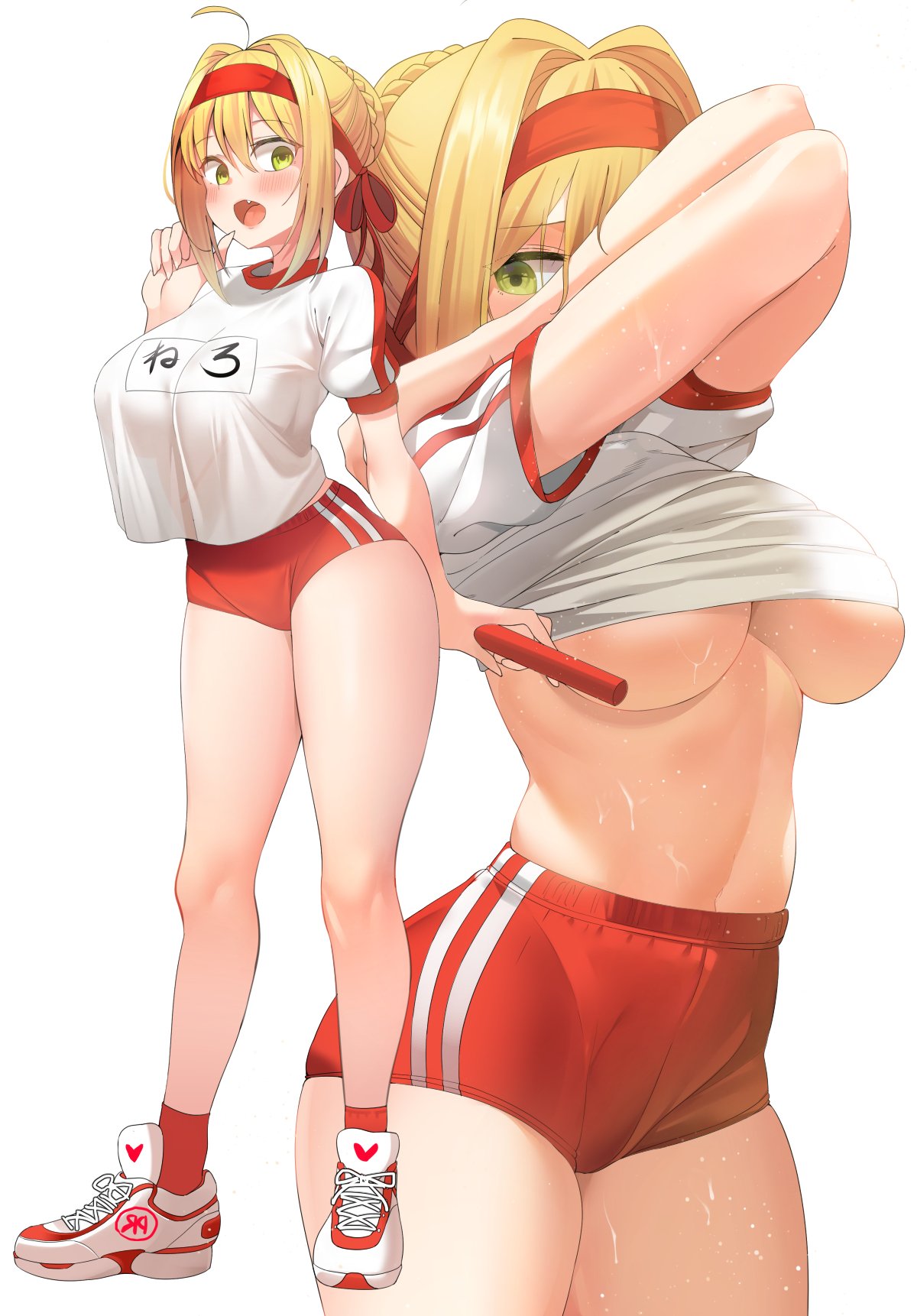 1girl ahoge blonde_hair blush breasts eyebrows_visible_through_hair fang fate/grand_order fate_(series) full_body green_eyes hair_intakes highres holding large_breasts looking_at_viewer multiple_views nero_claudius_(fate)_(all) open_mouth pring654 red_shorts shirt shoes shorts simple_background smile sportswear sweat underboob white_background white_shirt
