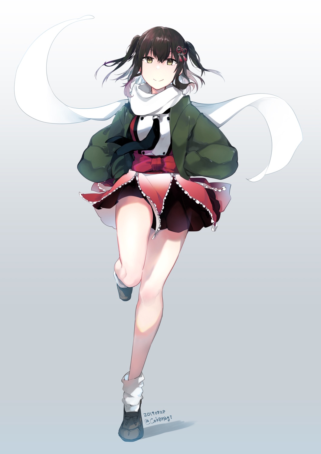 1girl artist_name black_gloves black_skirt dated double-breasted fingerless_gloves gloves highres kantai_collection nagihashi_koko scarf school_uniform sendai_(kantai_collection) serafuku simple_background skirt solo white_scarf