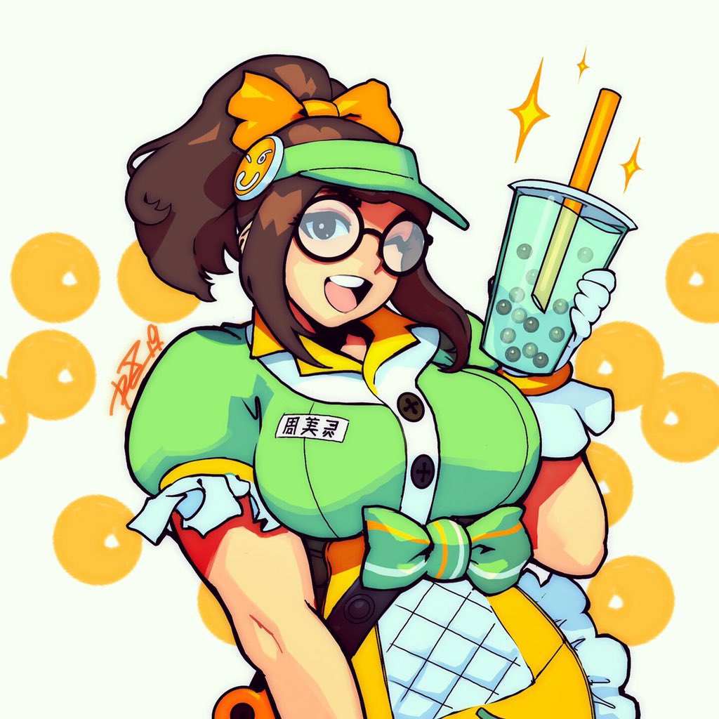 1girl ;) alternate_costume alternate_hairstyle apron breasts brown_eyes brown_hair bubble_tea commentary cup disposable_cup drinking_straw english_commentary glasses gloves honeydew_mei large_breasts mei_(overwatch) name_tag one_eye_closed open_mouth overwatch ponytail puffy_short_sleeves puffy_sleeves robert_porter round_eyewear short_sleeves sidelocks signature smile solo uniform visor_cap waist_apron white_gloves