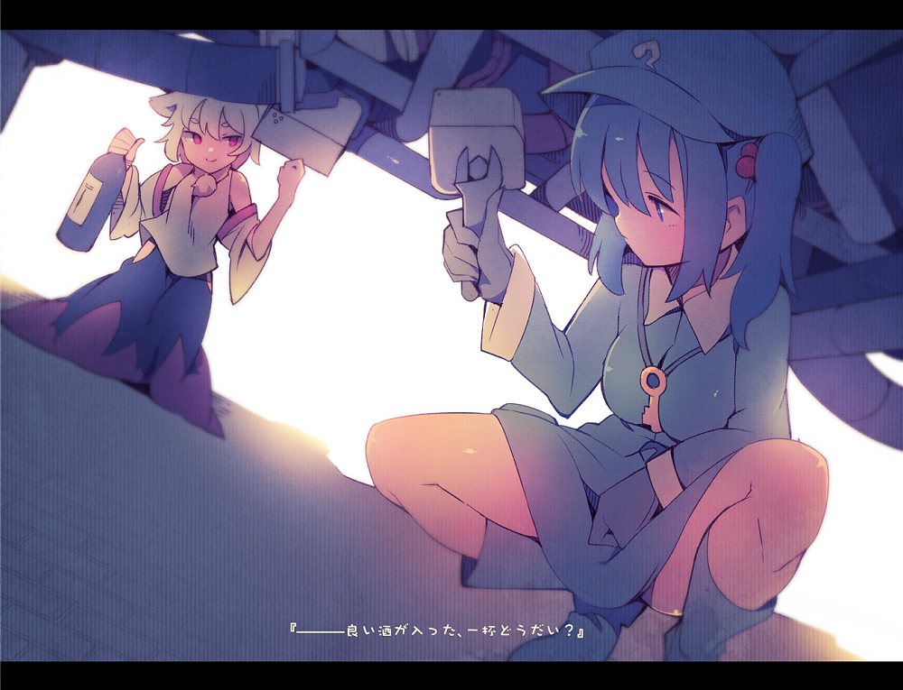 2girls animal_ears backlighting blue_eyes blue_footwear blue_hair blue_shirt blue_skirt boots bottle commentary_request detached_sleeves eyebrows_visible_through_hair flat_cap fuukadia_(narcolepsy) gloves hair_bobbles hair_ornament hat hip_vent inubashiri_momiji kawashiro_nitori key multiple_girls red_eyes shirt skirt skirt_set squatting thick_eyebrows touhou translation_request two_side_up white_hair wolf_ears wrench