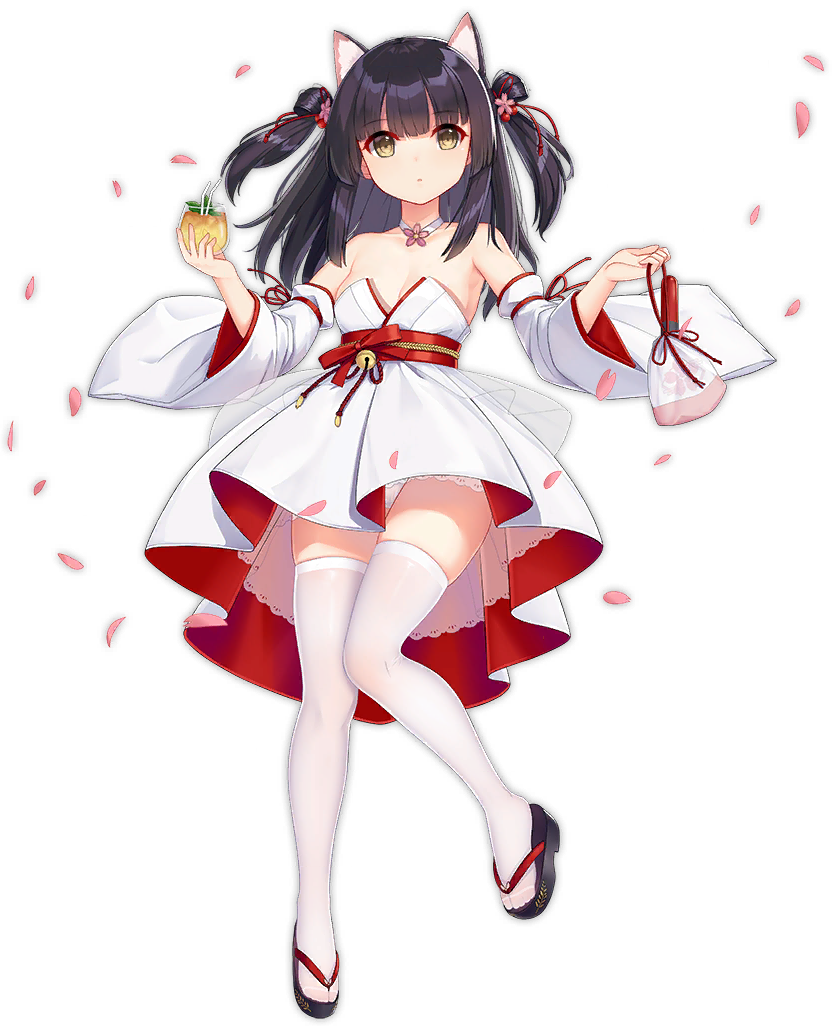 1girl allenes alternate_costume animal_ears azur_lane bare_shoulders black_hair blush breasts cat_ears cat_tail cleavage collarbone eyebrows_visible_through_hair hair_ornament hair_ribbon holding japanese_clothes long_hair looking_at_viewer official_art ribbon sandals solo tail transparent_background two_side_up white_legwear yellow_eyes yuugure_(azur_lane)
