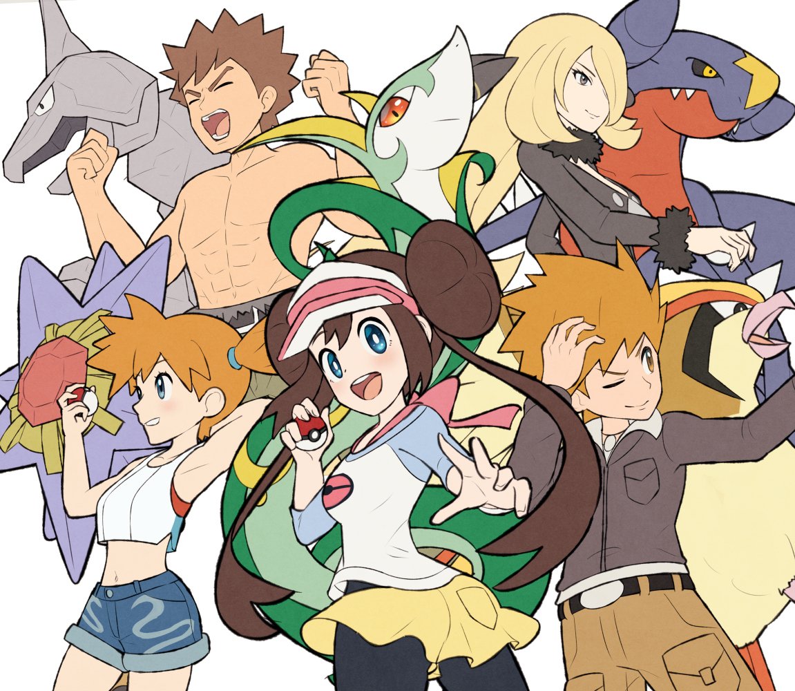 2boys 3girls abs arms_behind_back belt black_jacket blonde_hair blue_eyes bright_pupils brown_hair clenched_hands crop_top double_bun fur_collar fur_trim garchomp gen_1_pokemon gen_4_pokemon gen_5_pokemon gonzarez holding holding_poke_ball jacket kasumi_(pokemon) legwear_under_shorts long_hair mei_(pokemon) midriff multiple_boys multiple_girls navel one_side_up onix ookido_green orange_hair pants pantyhose pidgeot poke_ball poke_ball_(generic) pokemon pokemon_(game) pokemon_bw pokemon_bw2 pokemon_hgss pokemon_lgpe pokemon_masters raglan_sleeves serperior shirona_(pokemon) shirt shirtless short_hair shorts smile spiked_hair staryu takeshi_(pokemon) toned toned_male twintails visor_cap white_shirt