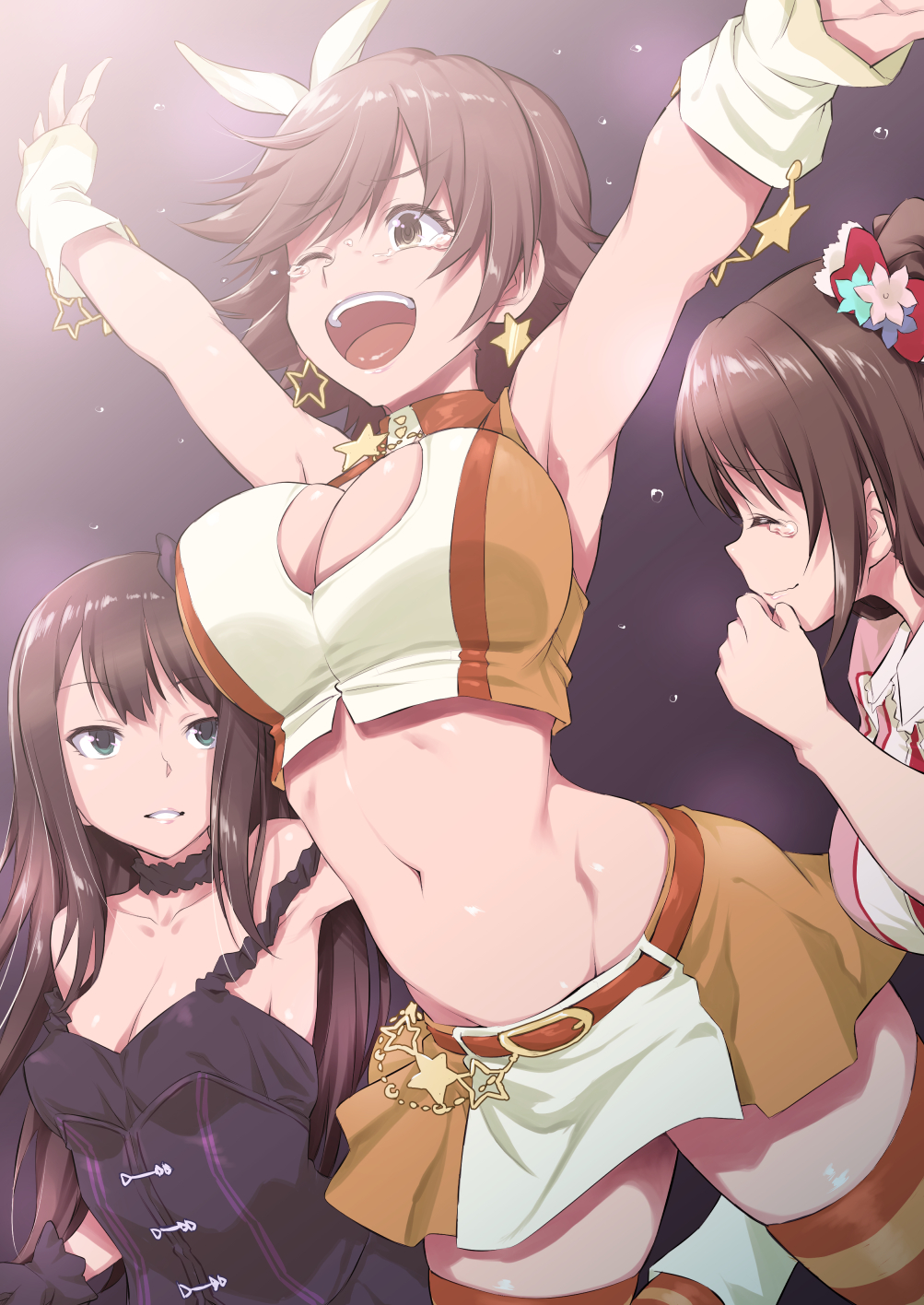 3girls armpits belt black_background black_dress blue_eyes bow breasts brown_hair choker cleavage cleavage_cutout commentary crop_top dress earrings flower hair_flower hair_ornament hairband highres honda_mio idol_clothes idolmaster idolmaster_cinderella_girls inu_(aerodog) jewelry jumping large_breasts light long_hair looking_at_another midriff multiple_girls navel new_generations one_eye_closed open_mouth orange_choker orange_skirt shibuya_rin shimamura_uzuki short_hair skirt smile star star_earrings sunset_nostalgie tears thighhighs white_bow wrist_cuffs zettai_ryouiki