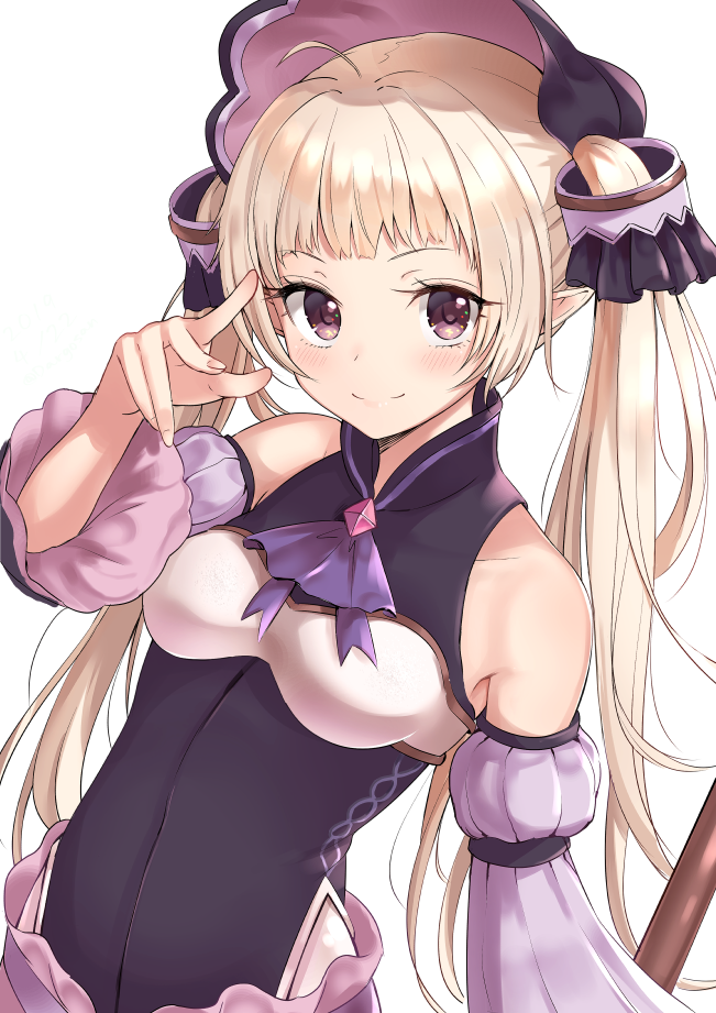 1boy ahoge ascot bare_shoulders black_shirt blonde_hair blush breasts closed_mouth collarbone dargo detached_sleeves hair_ornament hand_up headdress juliet_sleeves long_hair long_sleeves looking_at_viewer nijimura_yuki otoko_no_ko pointy_ears princess_connect! princess_connect!_re:dive puffy_sleeves purple_eyes shirt sidelocks simple_background small_breasts smile solo twintails upper_body white_background wide_sleeves