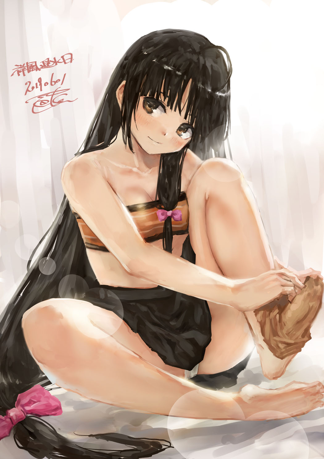 1girl black_hair black_skirt blush bow breasts brown_eyes closed_mouth dated gradient gradient_background hachimaki hair_bow hair_ornament hair_ribbon headband highres kantai_collection long_hair medium_breasts panties pantyshot pantyshot_(sitting) pink_bow pleated_skirt ribbon shouhou_(kantai_collection) single_thighhigh sitting skirt smile solo thighhighs toka_(marchlizard) underwear very_long_hair