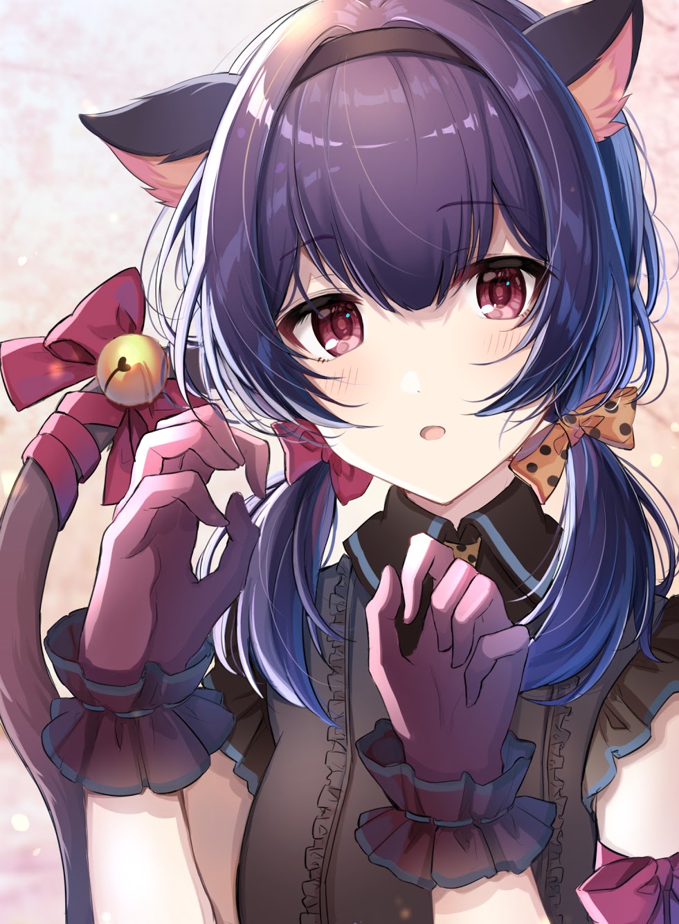 1girl animal_ear_fluff animal_ears bangs black_hairband blue_hair blurry blurry_background blush bow breasts brown_bow brown_shirt cat_ears cat_girl cat_tail center_frills cherry_blossoms collared_shirt commentary_request depth_of_field eyebrows_visible_through_hair frills gloves hair_between_eyes hair_bow hairband hands_up highres idolmaster idolmaster_shiny_colors kemonomimi_mode long_hair low_twintails medium_breasts morino_rinze parted_lips polka_dot polka_dot_bow red_bow red_eyes red_gloves satoimo_chika shirt short_twintails sleeveless sleeveless_shirt solo tail tail_raised twintails upper_body