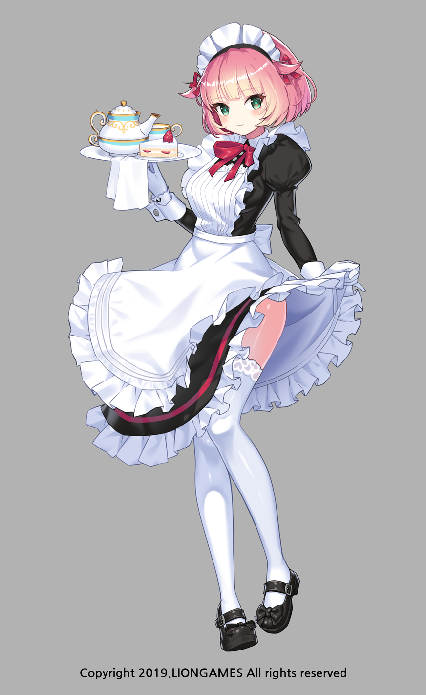 1girl :3 apron bangs black_bow black_dress black_footwear blush bow cake chii_aruel closed_mouth cup dress eyebrows_visible_through_hair food frilled_apron frilled_dress frills fruit full_body green_eyes grey_background hair_flaps highres holding holding_plate lace lace-trimmed_legwear lim_jaejin maid maid_apron maid_headdress mary_janes pink_hair plate shoes short_hair simple_background slice_of_cake solo soul_worker standing standing_on_one_leg strawberry strawberry_shortcake teacup teapot watermark white_apron white_legwear