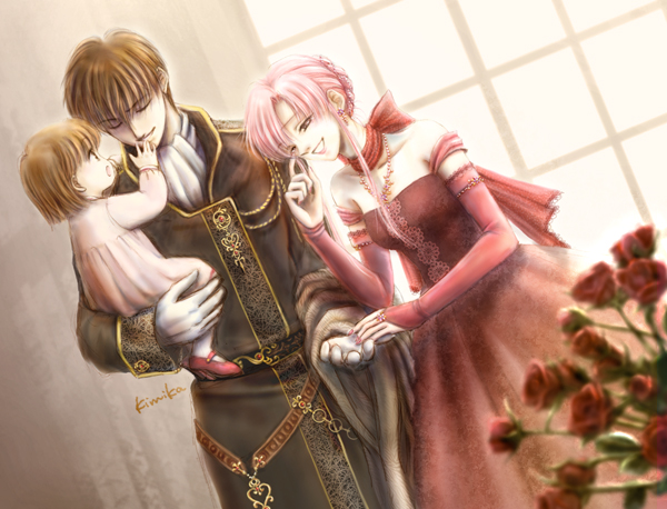 2girls altenna_(fire_emblem) blush bridal_gauntlets brown_hair couple cuan_(fire_emblem) dress elbow_gloves ethlin_(fire_emblem) family father_and_daughter fire_emblem fire_emblem:_seisen_no_keifu flower gloves hetero kimikahamu mother_and_daughter multiple_girls pink_eyes pink_hair rose smile