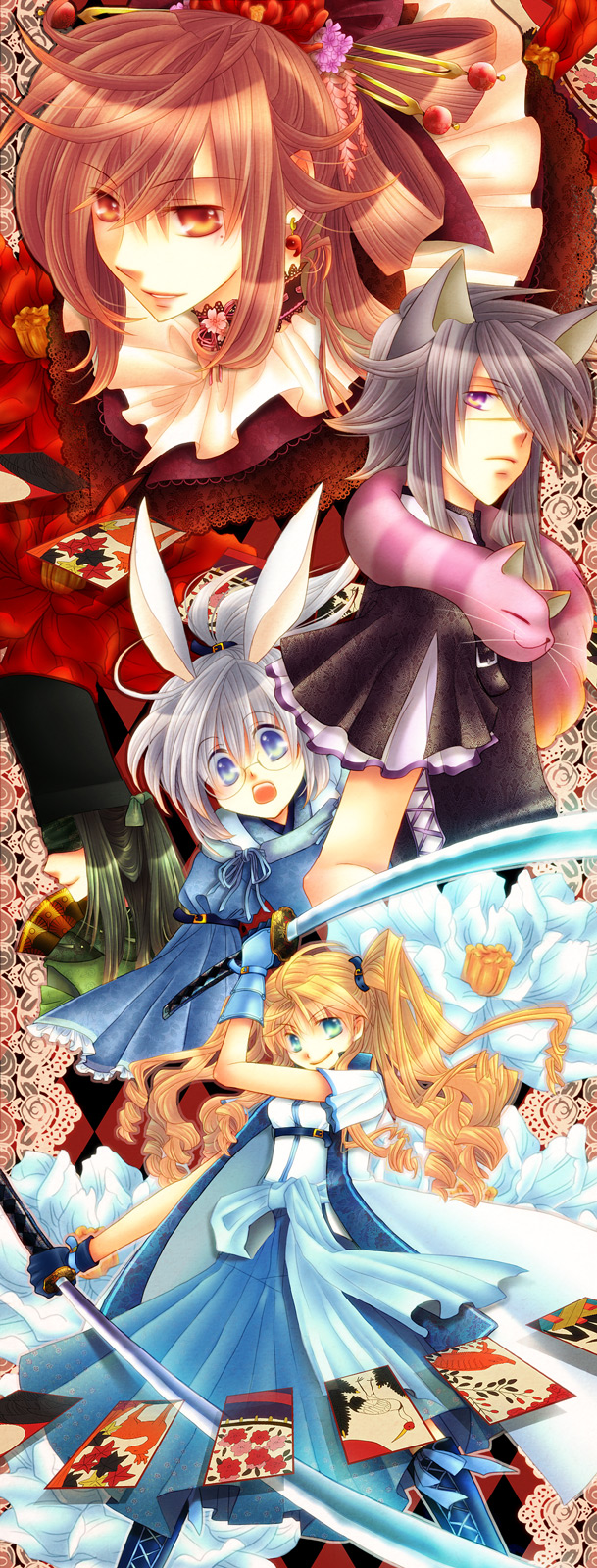 alice_(wonderland) alice_in_wonderland androgynous animal_ears bad_id bad_pixiv_id blindfold blonde_hair blue_eyes brown_hair bunny_ears card cat_ears cheshire_cat dual_wielding floating_card flower glasses gloves green_hair grey_hair hair_flower hair_ornament hairpin hanafuda hat highres holding katana long_hair mad_hatter mole multiple_girls narita_chika orange_eyes original personification ponytail purple_eyes queen_of_hearts silver_hair sword twintails weapon white_rabbit